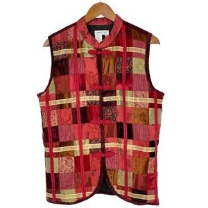Coldwater Creek Women Patchwork Velvet Brocade Frog Closure Vest Medium Red Gold